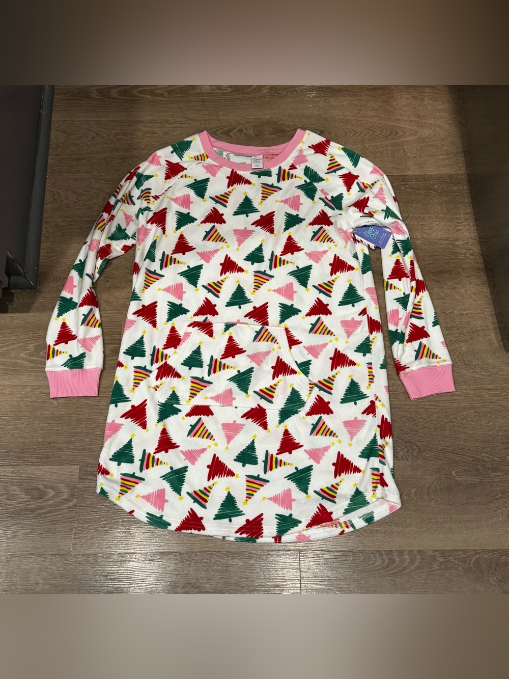 Women's White Holiday Tree Print Long Sleeve Nightshirt with Pink Trim